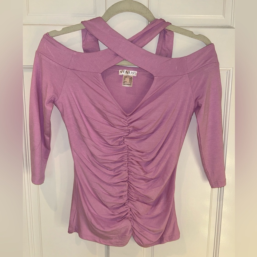 VENUS Women's Pink Open Shoulder 3/4 Ruched Blouse